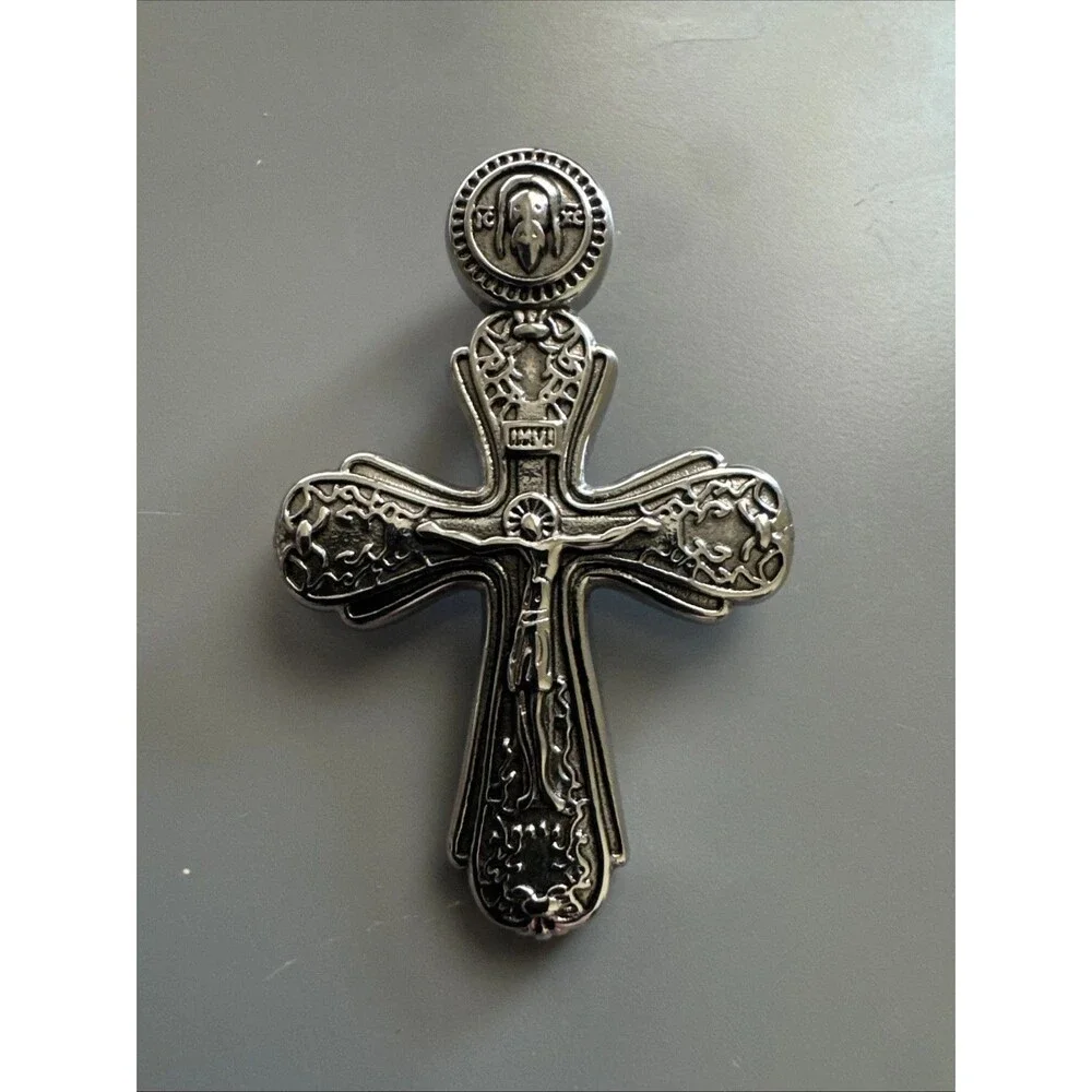 Cross Pendant Dark Silver Tone Stainless Steel 24” Box Chain Jesus Christ Unisex